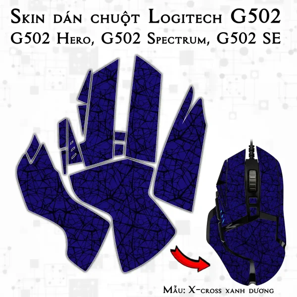 Skin dán chuột Logitech G502 mẫu X-cross xanh dương