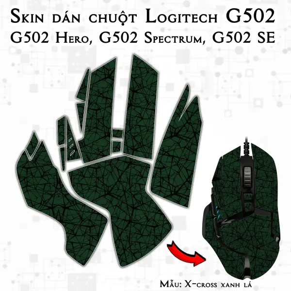Skin dán chuột Logitech G502 mẫu X-cross xanh lá