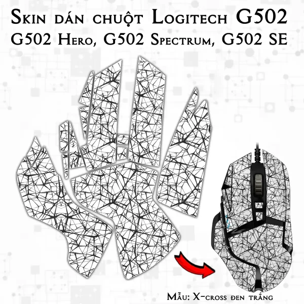 Skin dán chuột Logitech G502 mẫu X-cross đen trắng