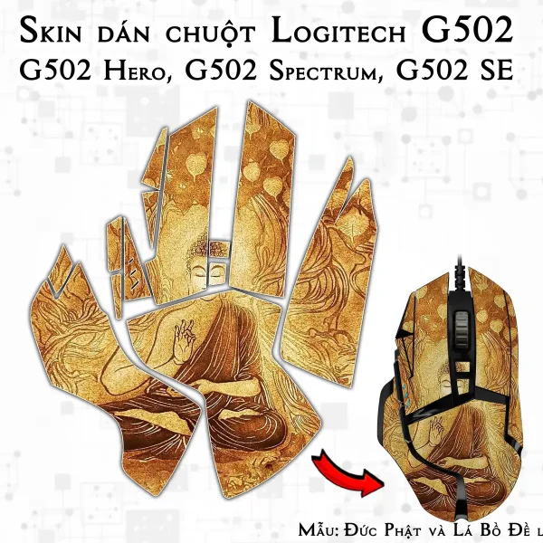 Skin dán chuột Logitech G502 mẫu Đức Phật và Lá Bồ Đề lsm057