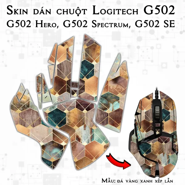 Skin dán chuột Logitech G502 mẫu đá vàng xanh xếp lẫn