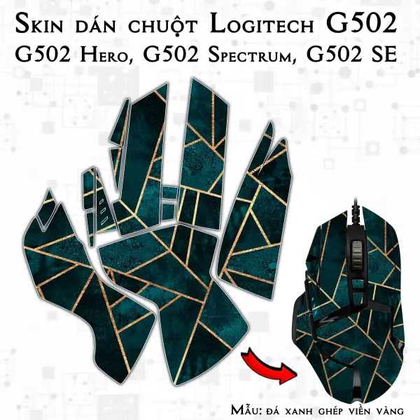 Skin dán chuột Logitech G502 mẫu đá xanh ghép viền vàng