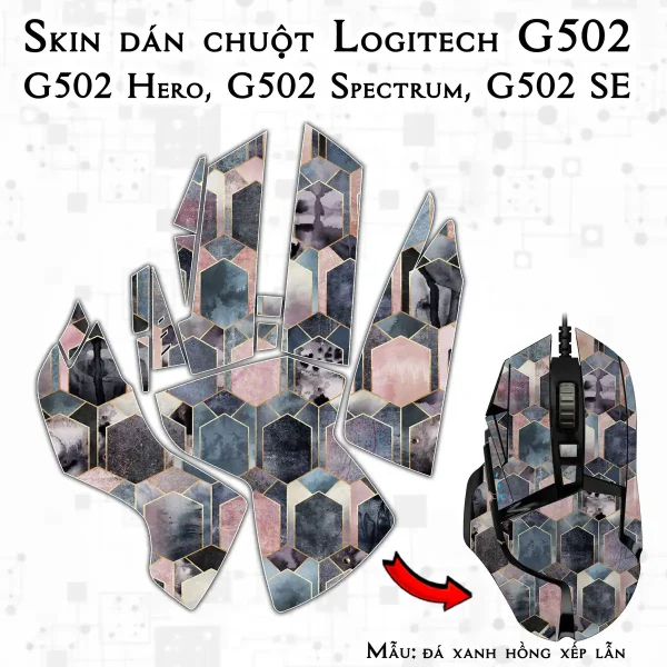 Skin dán chuột Logitech G502 mẫu đá xanh hồng xếp lẫn