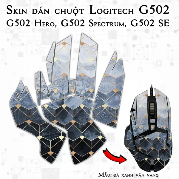 Skin dán chuột Logitech G502 mẫu đá xanh vân vàng