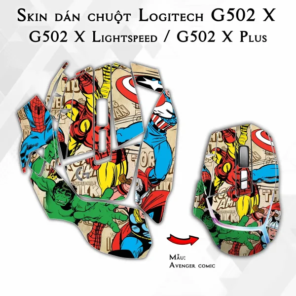 Skin dán chuột Logitech G502 X mẫu Avenger comic