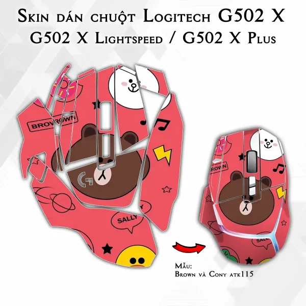 Skin dán chuột Logitech G502 X mẫu Brown và Cony atk115