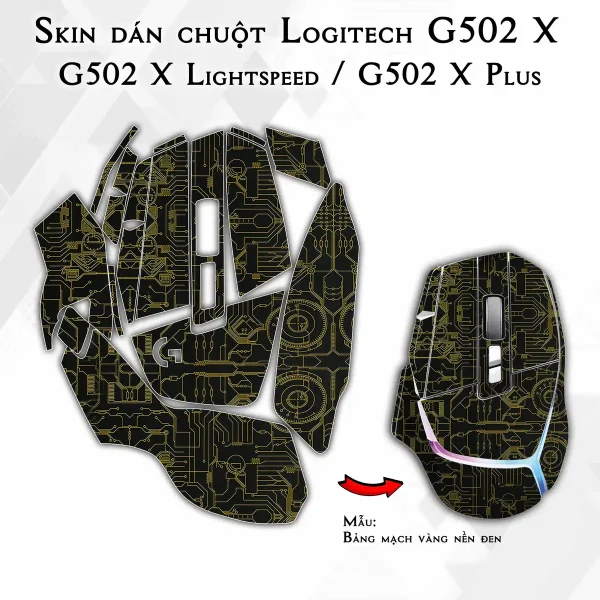 Skin dán chuột Logitech G502 X mẫu Bảng mạch vàng nền đen