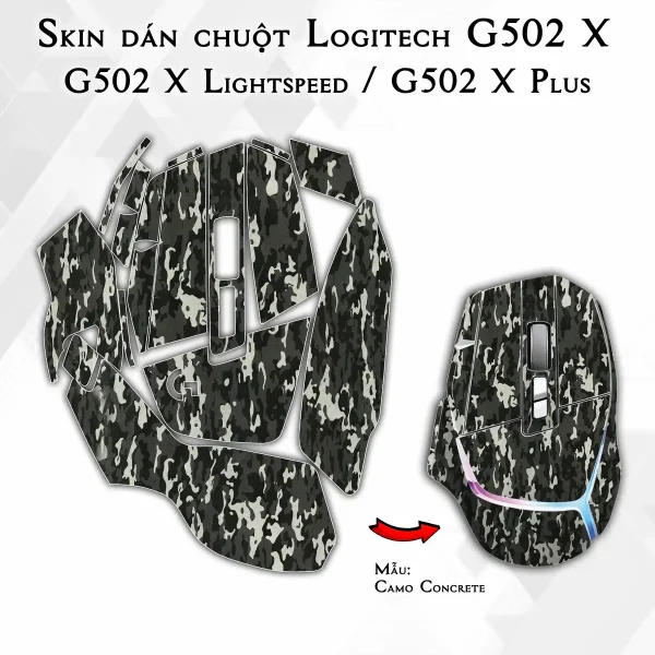 Skin dán chuột Logitech G502 X mẫu Camo Concrete