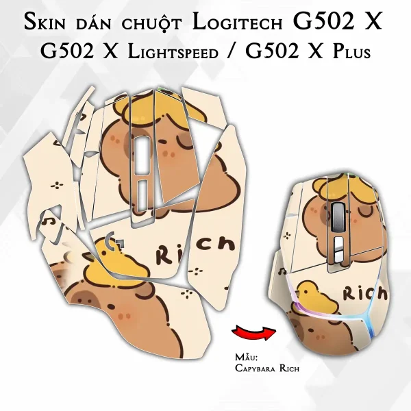 Skin dán chuột Logitech G502 X mẫu Capybara Rich
