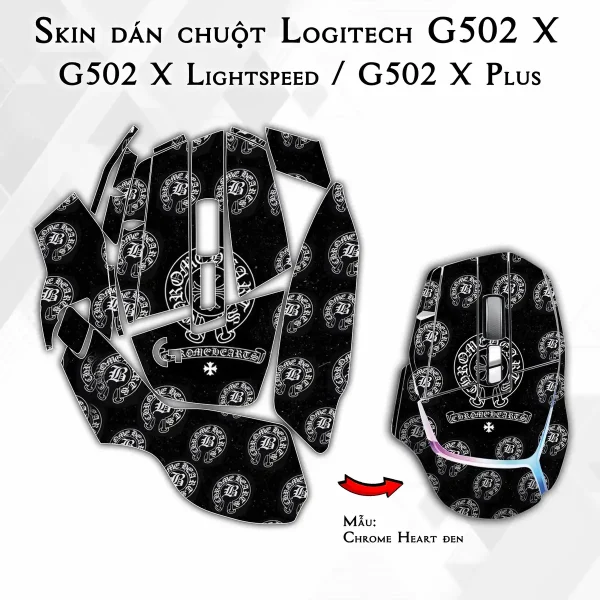 Skin dán chuột Logitech G502 X mẫu Chrome Heart đen