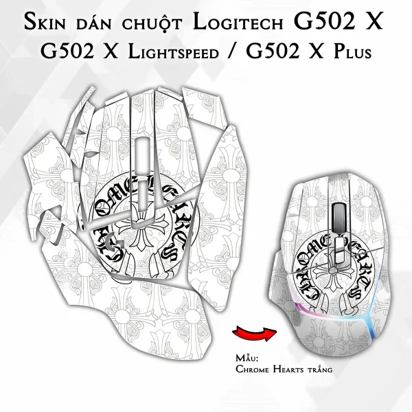 Skin dán chuột Logitech G502 X mẫu Chrome Hearts trắng