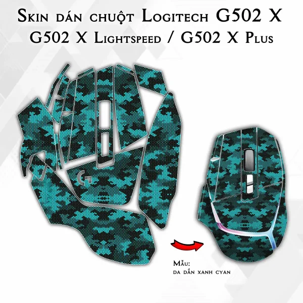 Skin dán chuột Logitech G502 X mẫu da dắn xanh cyan
