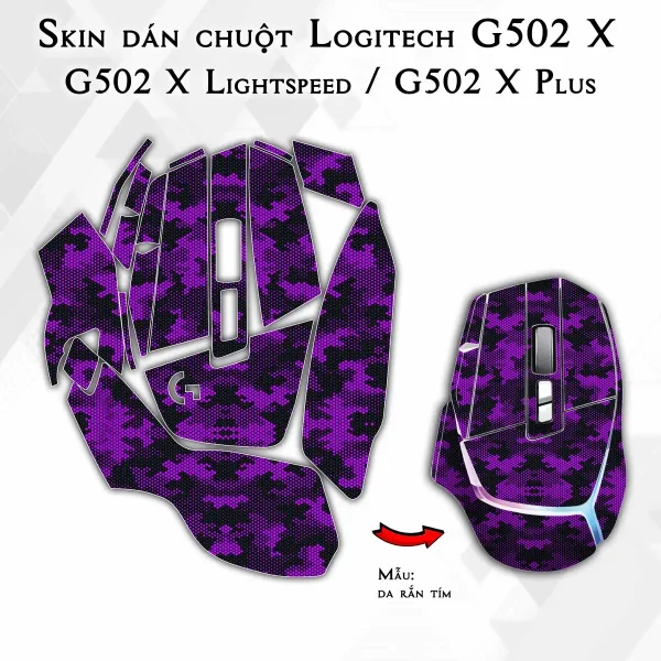 Skin dán chuột Logitech G502 X mẫu da rắn tím