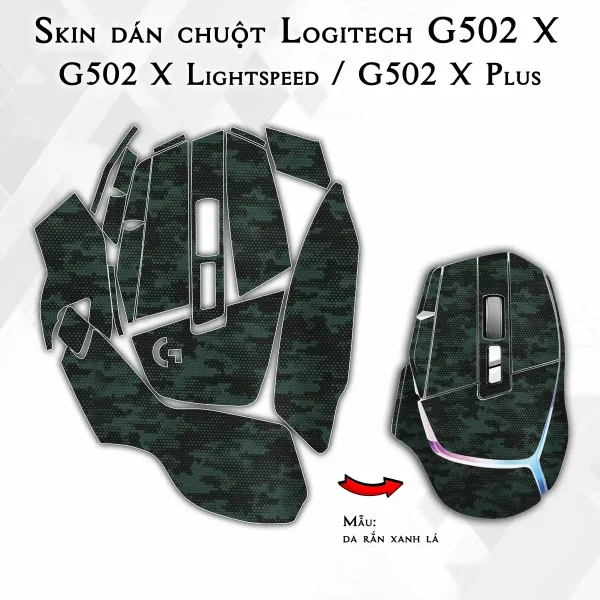 Skin dán chuột Logitech G502 X mẫu da rắn xanh lá