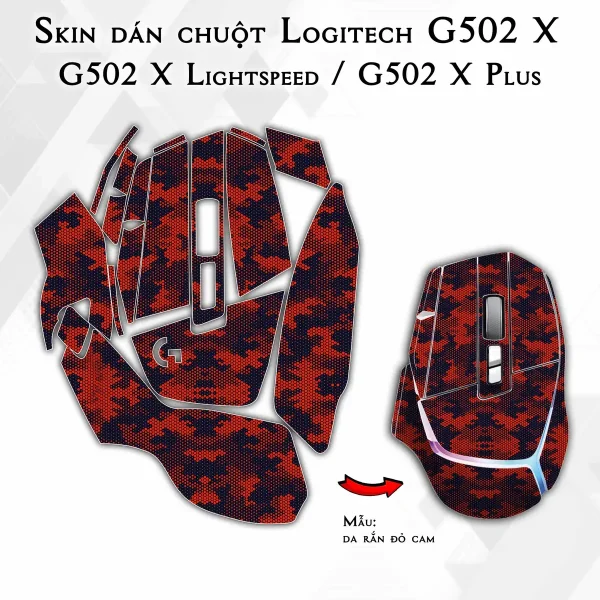 Skin dán chuột Logitech G502 X mẫu da rắn đỏ cam