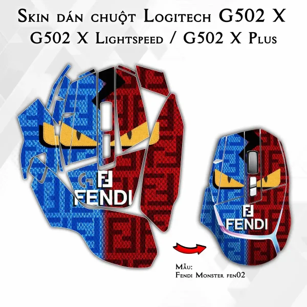 Skin dán chuột Logitech G502 X mẫu Fendi Monster fen02