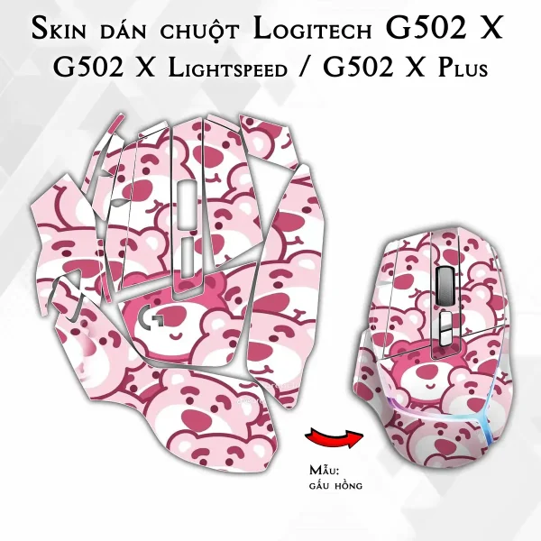 Skin dán chuột Logitech G502 X mẫu gấu hồng