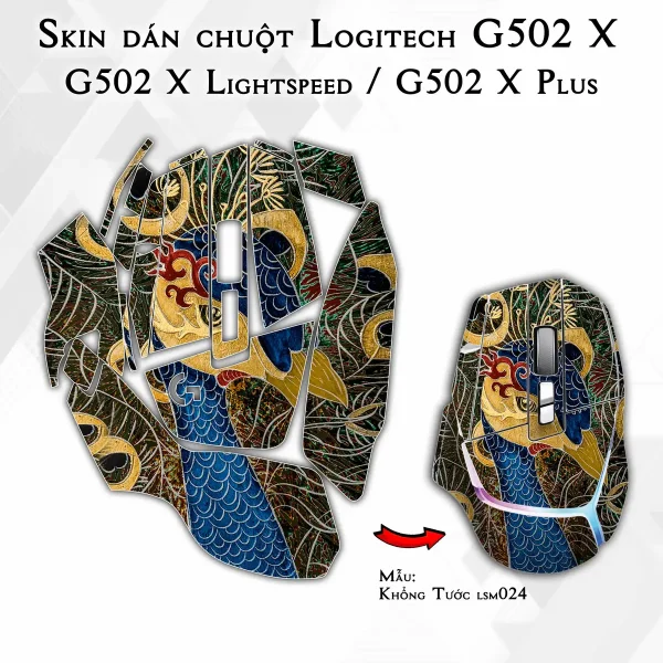 Skin dán chuột Logitech G502 X mẫu Khổng Tước lsm024