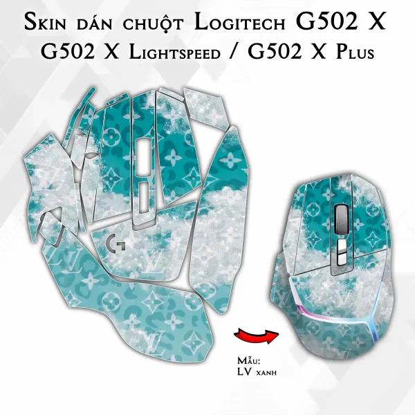 Skin dán chuột Logitech G502 X mẫu LV xanh