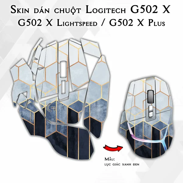 Skin dán chuột Logitech G502 X mẫu lục giác xanh đen