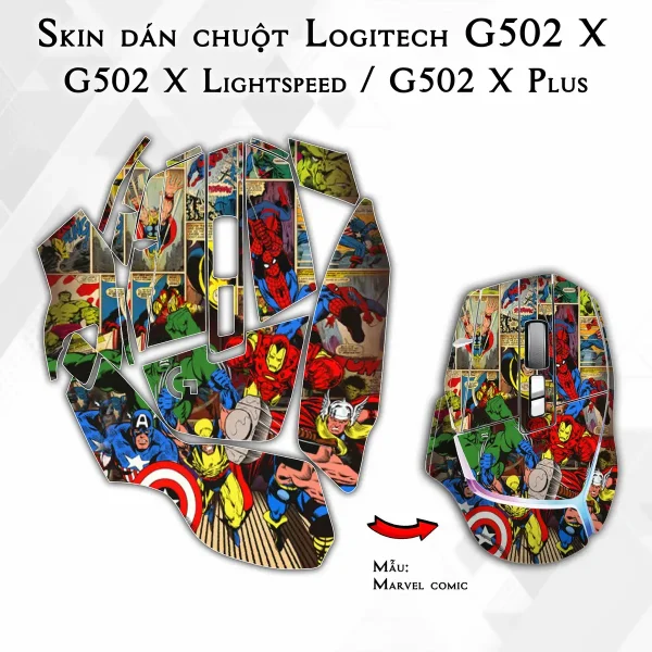 Skin dán chuột Logitech G502 X mẫu Marvel comic