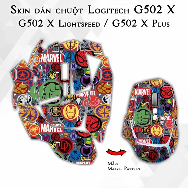 Skin dán chuột Logitech G502 X mẫu Marvel Pattern