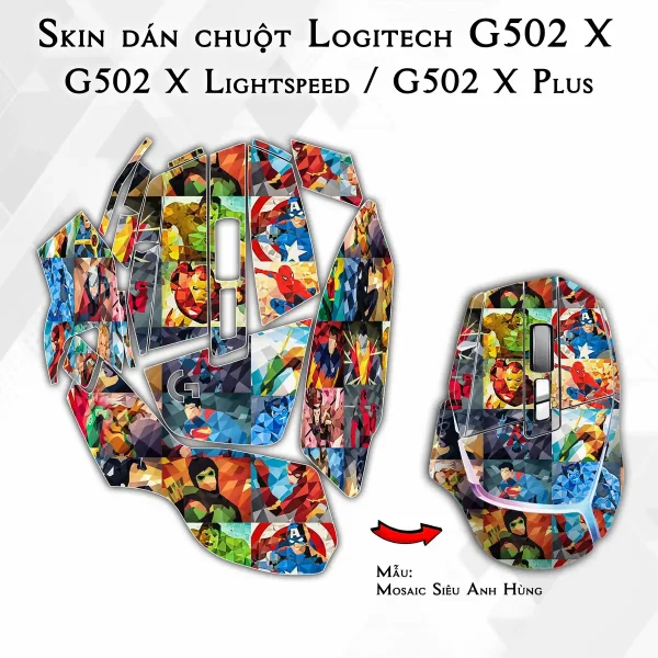 Skin dán chuột Logitech G502 X mẫu Mosaic Siêu Anh Hùng
