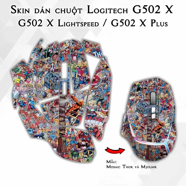 Skin dán chuột Logitech G502 X mẫu Mosaic Thor và Mjolnir