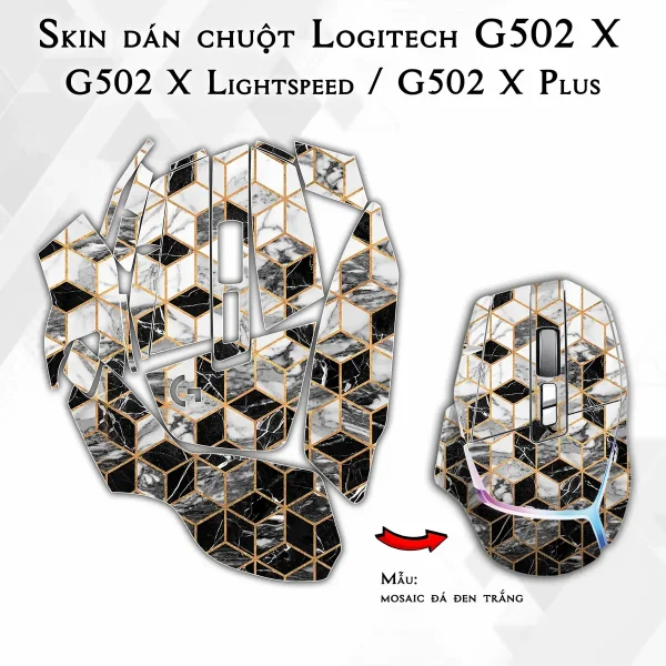 Skin dán chuột Logitech G502 X mẫu mosaic đá đen trắng