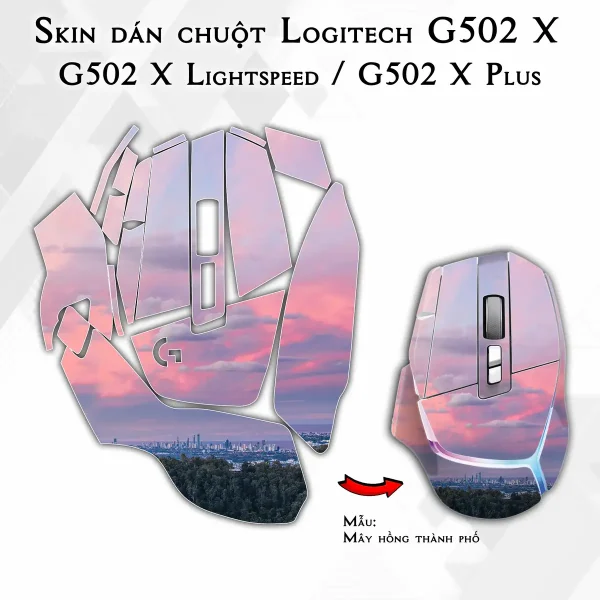 Skin dán chuột Logitech G502 X mẫu Mây hồng thành phố