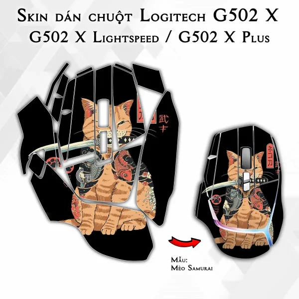 Skin dán chuột Logitech G502 X mẫu Mèo Samurai
