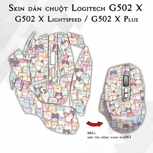 Skin dán chuột Logitech G502 X mẫu mèo tím hồng xanh scu063