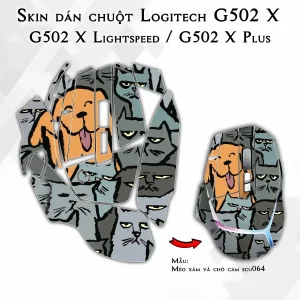 Skin dán chuột Logitech G502 X mẫu Mèo xám và chó cam scu064