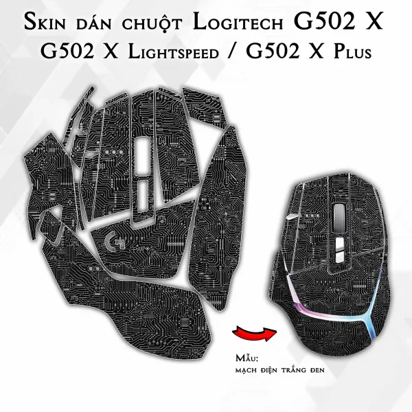 Skin dán chuột Logitech G502 X mẫu mạch điện trắng đen