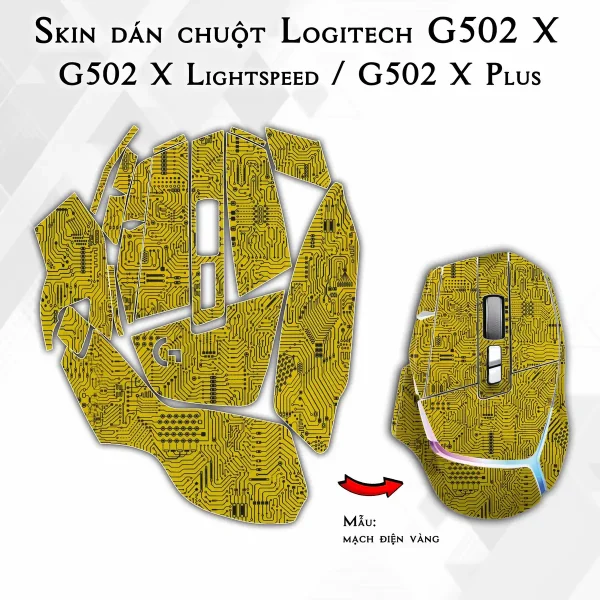 Skin dán chuột Logitech G502 X mẫu mạch điện vàng