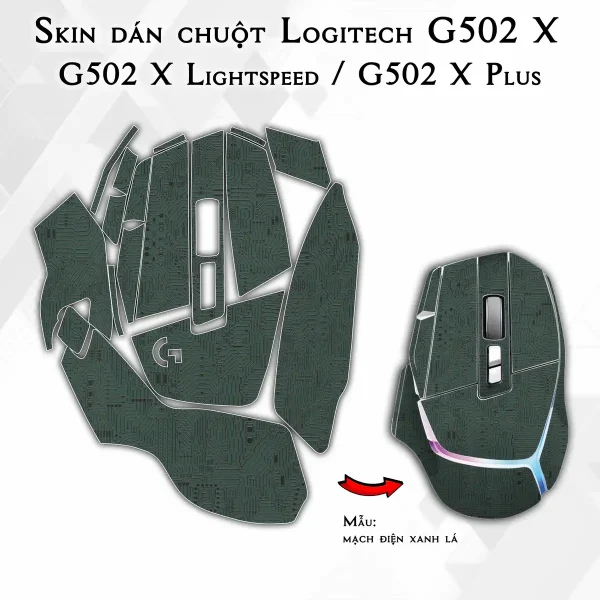 Skin dán chuột Logitech G502 X mẫu mạch điện xanh lá