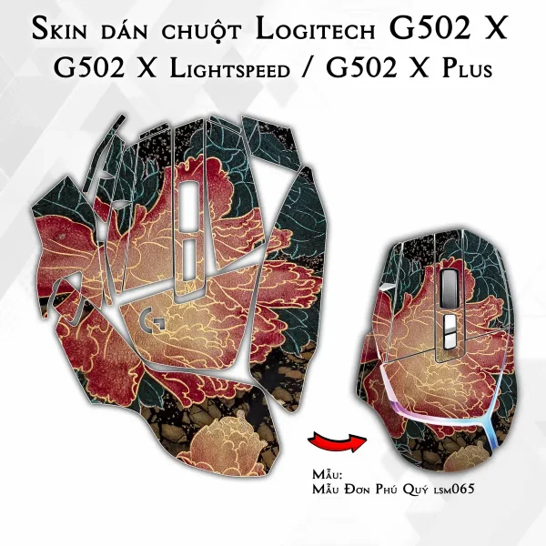 Skin dán chuột Logitech G502 X mẫu Mẫu Đơn Phú Quý lsm065