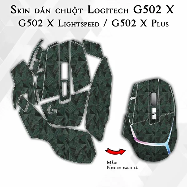 Skin dán chuột Logitech G502 X mẫu Nordic xanh lá