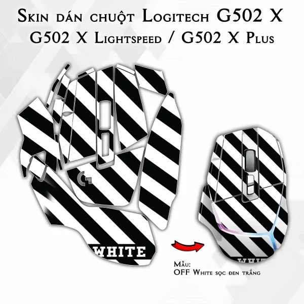 Skin dán chuột Logitech G502 X mẫu OFF White sọc đen trắng