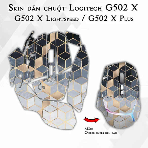 Skin dán chuột Logitech G502 X mẫu Ombre cubes đen bạc