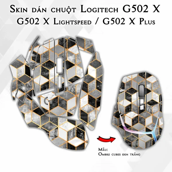 Skin dán chuột Logitech G502 X mẫu Ombre cubes đen trắng