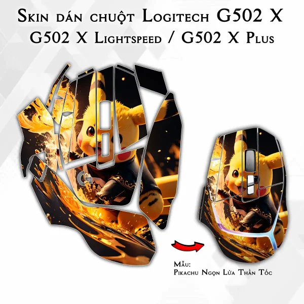 Skin dán chuột Logitech G502 X mẫu Pikachu Ngọn Lửa Thần Tốc