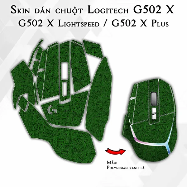 Skin dán chuột Logitech G502 X mẫu Polynesian xanh lá