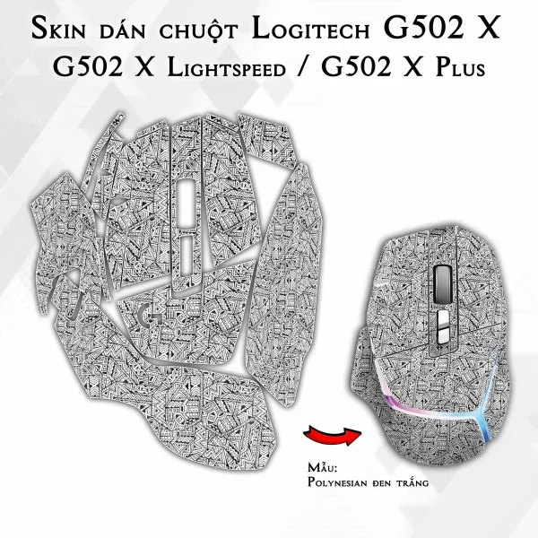 Skin dán chuột Logitech G502 X mẫu Polynesian đen trắng
