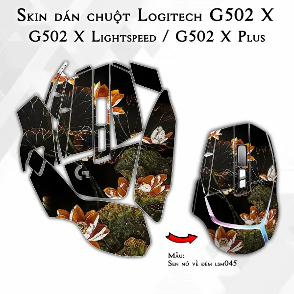 Skin dán chuột Logitech G502 X mẫu Sen nở về đêm lsm045