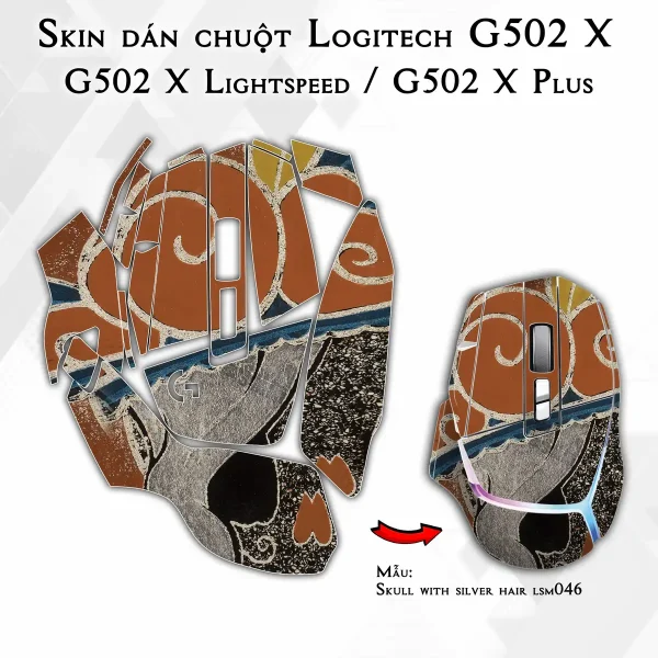 Skin dán chuột Logitech G502 X mẫu Skull with silver hair lsm046