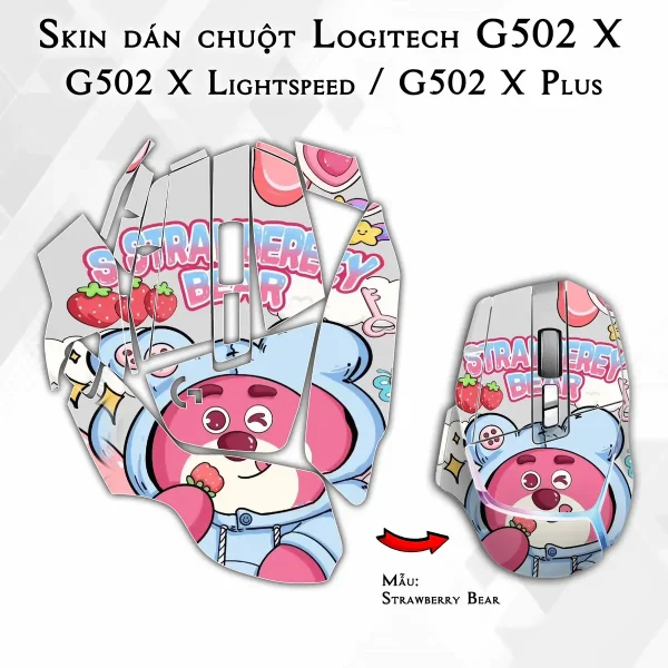 Skin dán chuột Logitech G502 X mẫu Strawberry Bear