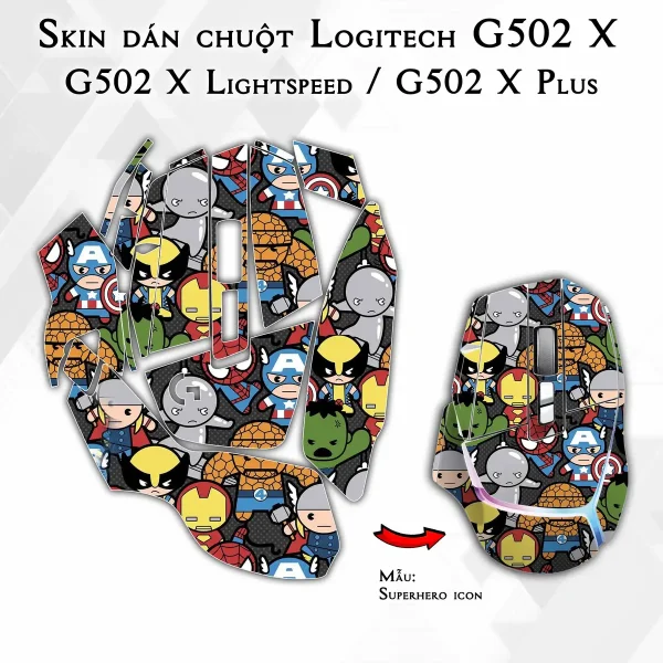 Skin dán chuột Logitech G502 X mẫu Superhero icon