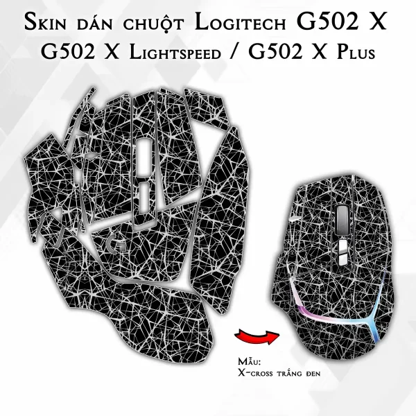 Skin dán chuột Logitech G502 X mẫu X-cross trắng đen
