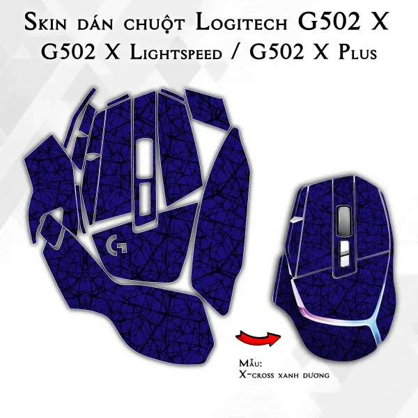 Skin dán chuột Logitech G502 X mẫu X-cross xanh dương